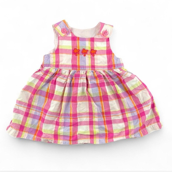 Pink and white cotton plaid dress with palm tree embroidery size 6-9 months - Picture 1 of 3
